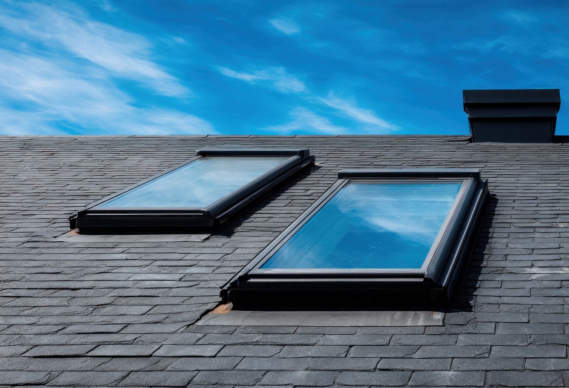 Two skylights on a dark shingle roof with a blue sky and chimney in the background.