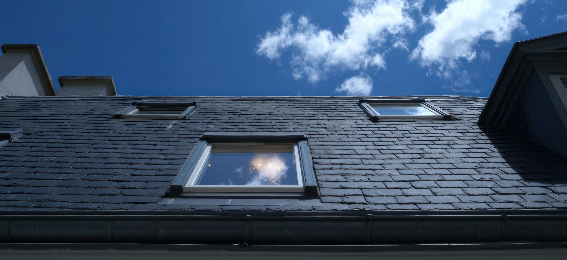 Dark slate roof with several windows against a bright blue sky with scattered white clouds.