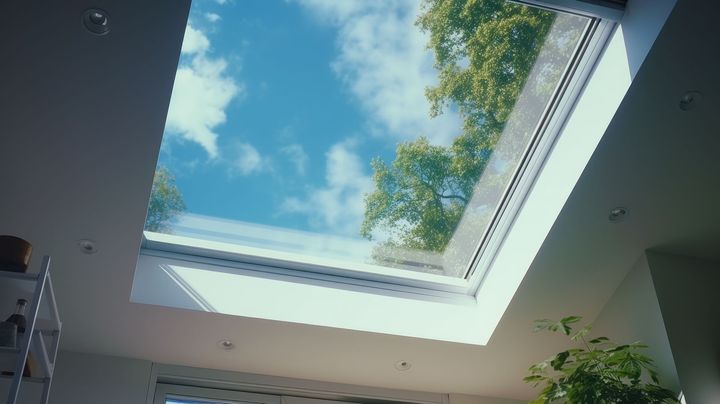 View of a skylight with sky and trees outside.