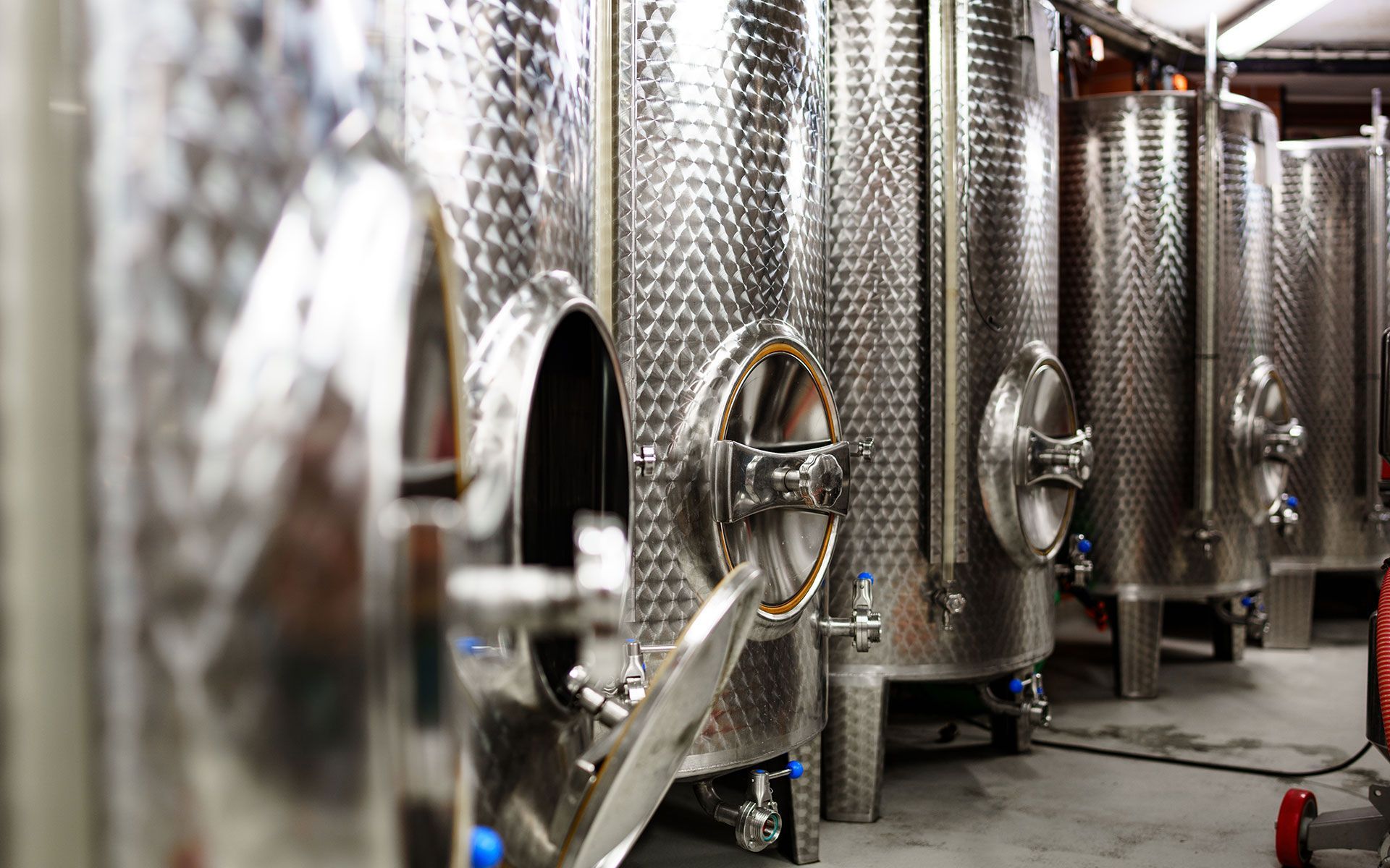Stainless steel wine fermentation tanks in a winery.