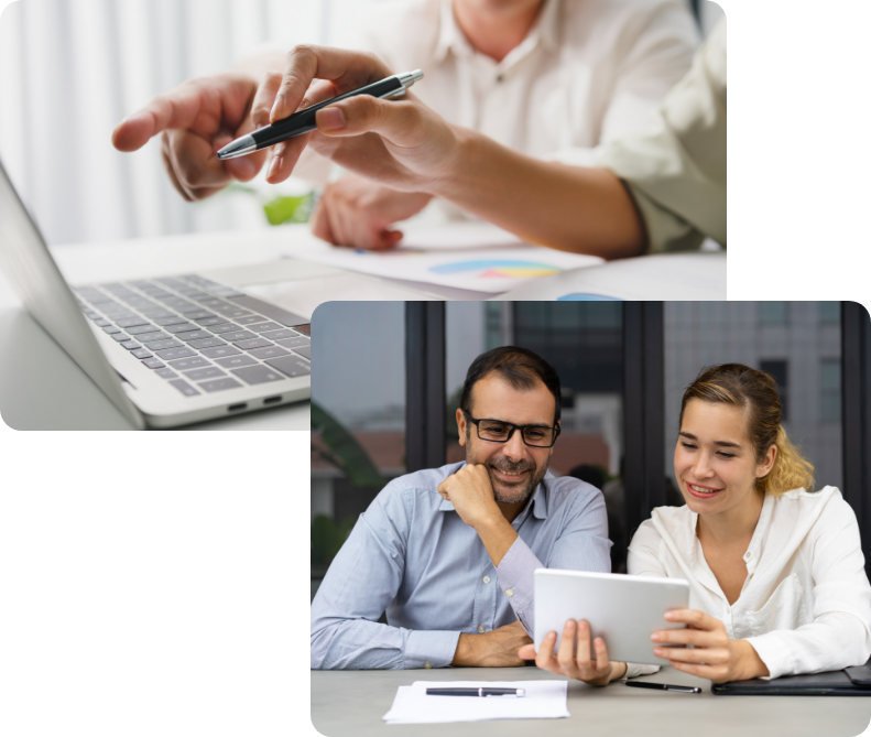 A man and a woman are sitting at a table with a laptop and a tablet.