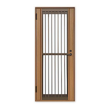 A wooden door with a metal grill on a white background.