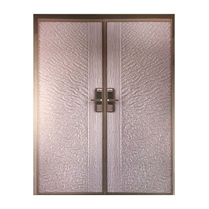 A pair of double doors with a lock on them on a white background.