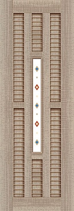 一扇淺棕色門的特寫，上面有百葉窗