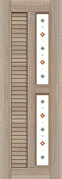 一扇木門的特寫，上面有玻璃設計