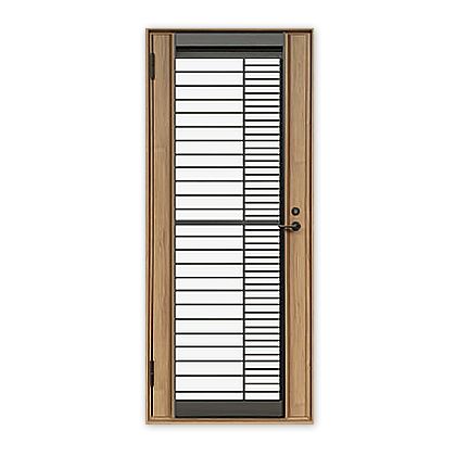 A wooden door with a metal screen on a white background.