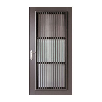 A metal door with a glass window and a handle on a white background.