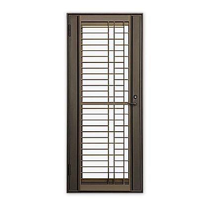 A metal door with a window and shutters on a white background.