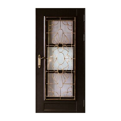 A black door with a wrought iron design on it