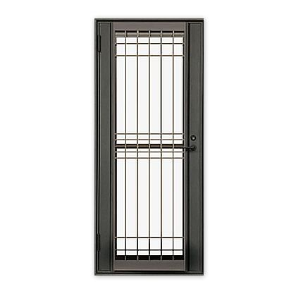 A black door with a stainless steel grill on a white background.