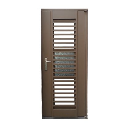 A brown door with a handle on a white background.