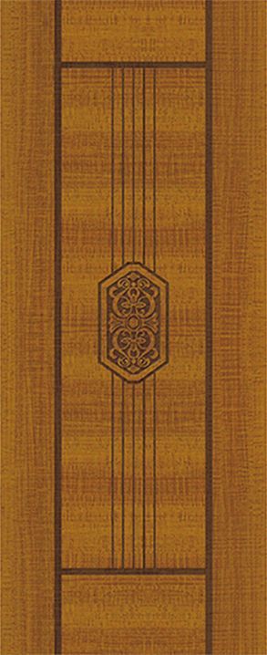 一扇帶有設計的棕色木門的特寫