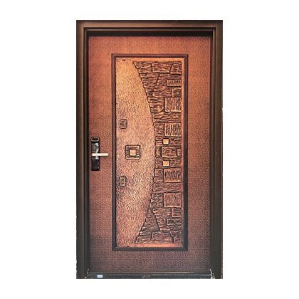 A copper door with a wooden frame on a white background.