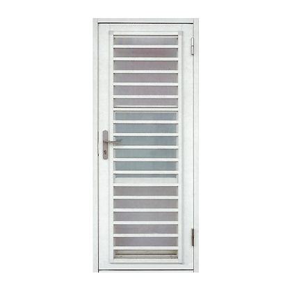 A white door with a metal frame and glass panels on a white background.