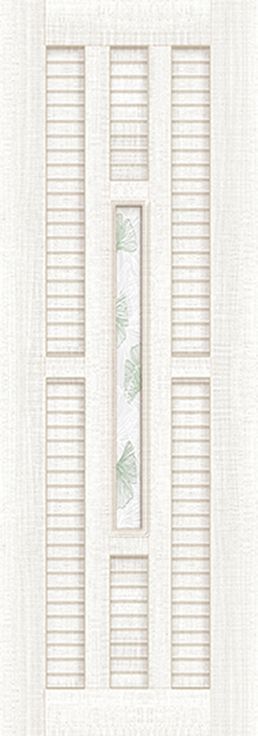 一扇白色的門，中間有百葉窗和窗戶，窗戶上有綠色葉子的圖案