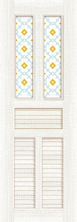 一扇白色的門，上面有藍色和黃色的圖案