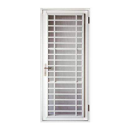 A white door with a metal frame and a screen on a white background.
