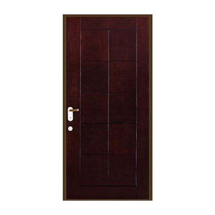 A wooden door with a metal handle on a white background