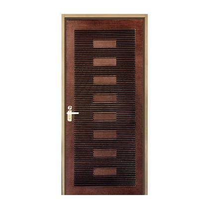 A wooden door with a handle on a white background.