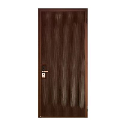 A wooden door with a metal frame and handle on a white background.