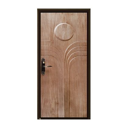 A wooden door with a circular design on it and a handle.
