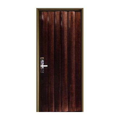 A wooden door with a handle on a white background.