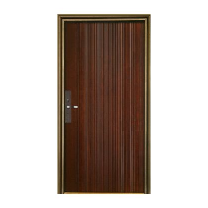 A wooden door with a metal frame and handle on a white background.