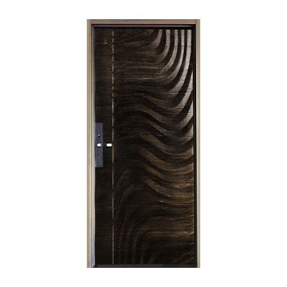 A wooden door with a wave pattern on it on a white background.