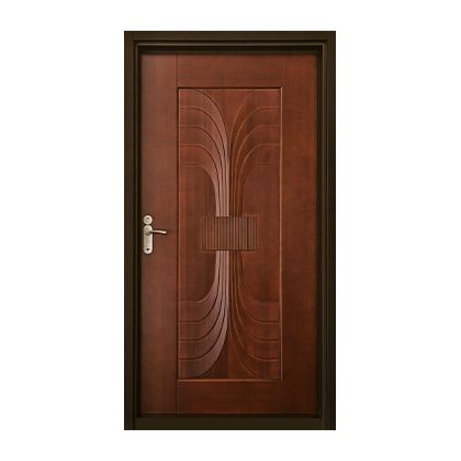 A wooden door with a design on it on a white background.