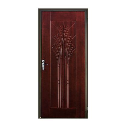 A wooden door with a design on it on a white background.