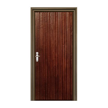 A wooden door with a white handle on a white background.