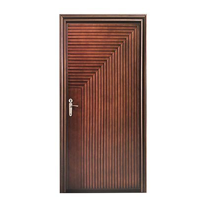 A wooden door with a handle on a white background.