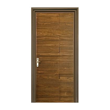 A wooden door with a metal frame and handle on a white background.