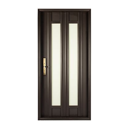 A brown door with two windows and a handle on a white background.