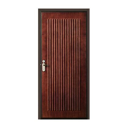 A wooden door with a metal frame and handle on a white background.