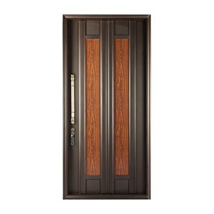 A wooden door with a metal frame and handle on a white background.