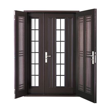 A wooden door with a handle and glass windows is open on a white background.