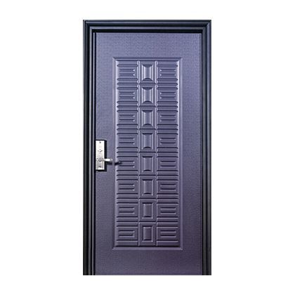 A purple door with a black frame and handle on a white background.
