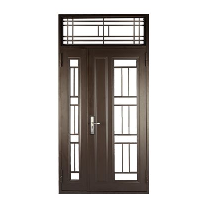 A brown door with a roof and a handle on a white background.