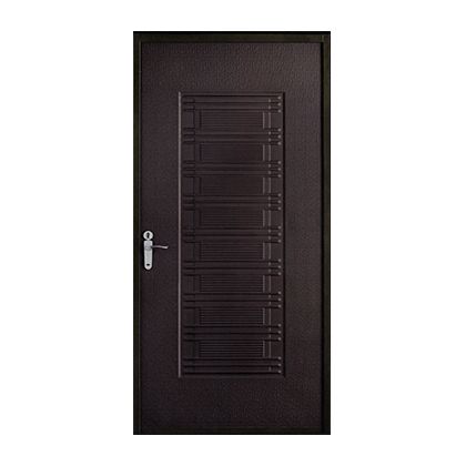 A black door with a handle on a white background.