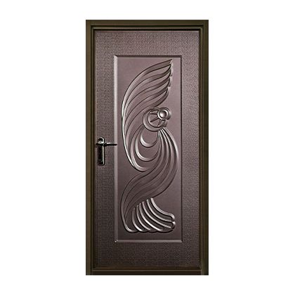 A brown door with a design on it on a white background.