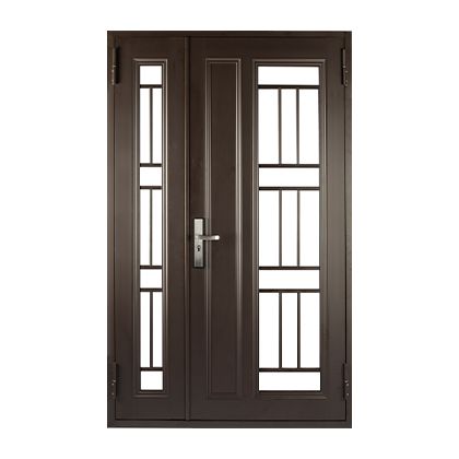 A brown double door with a stainless steel handle on a white background.