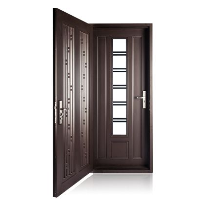 A brown door with a handle and a reflection on a white background.
