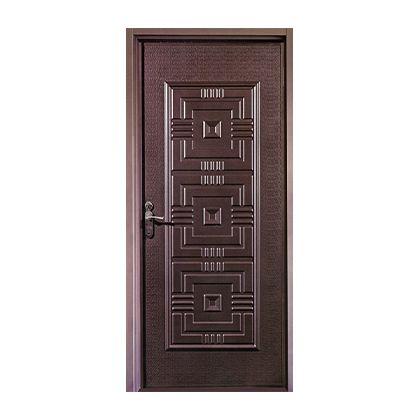 A brown door with a geometric design on it on a white background.
