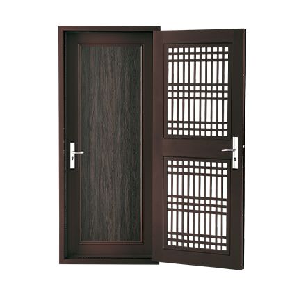 A wooden door with a metal screen and a handle on a white background.