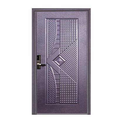 A purple door with a design on it and a key lock.