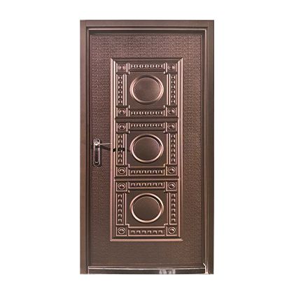 A brown door with a pattern on it and a handle on a white background.