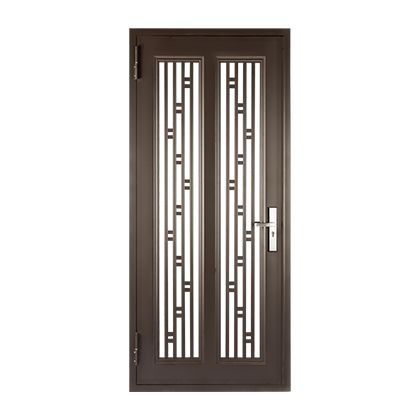 A close up of a wrought iron door on a white background.