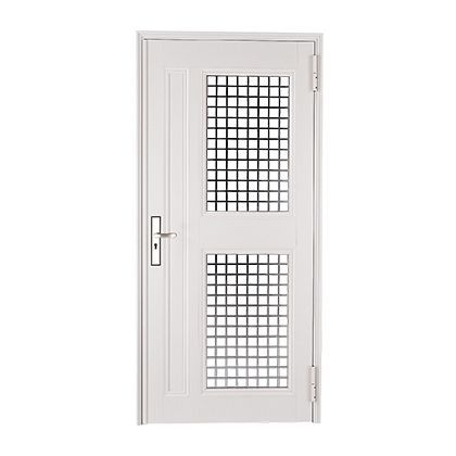 A white door with a black and white checkered pattern on it.