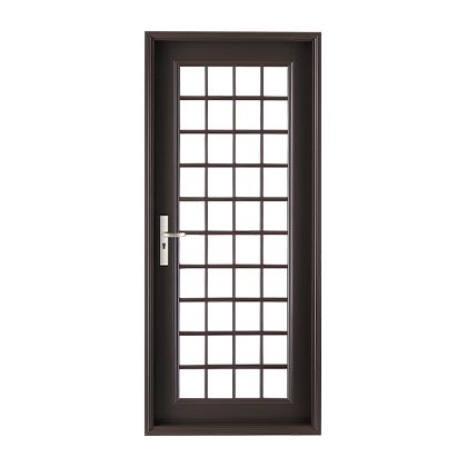 A black door with square windows and a handle on a white background.